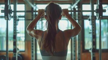 ai generiert ein Frau Heben Gewichte beim das Fitnessstudio wie Teil von ihr Fitness Routine foto