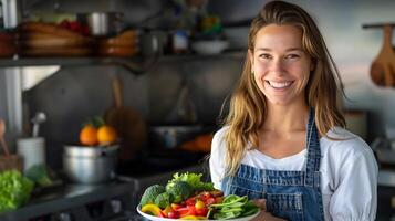 ai generiert ein lächelnd Ernährungsberater halten ein Teller von gesund Essen foto