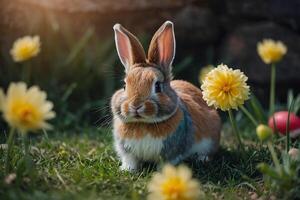 ai generiert bunt süß Ostern Hase Hase und süß Lächeln foto
