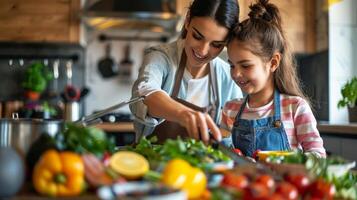 ai generiert ein Mutter und Tochter Kochen ein nahrhaft Mahlzeit zusammen im das Küche, Familie Zeit foto
