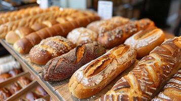 ai generiert bunt Sortiment von handwerklich Brot Brote beim ein Bäckerei foto