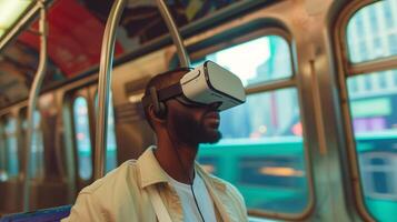 ai generiert jung Mann mit vr virtuell Wirklichkeit Brille während nehmen Metro U-Bahn im das Stadt, Lebensstil und Technologie Konzept foto