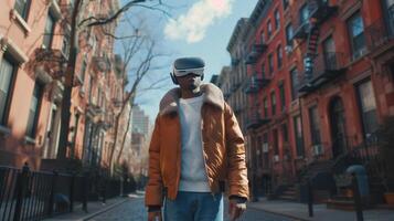 ai generiert jung Mann mit vr virtuell Wirklichkeit Brille während Gehen im Stadt Straße, Lebensstil und Technologie Konzept foto