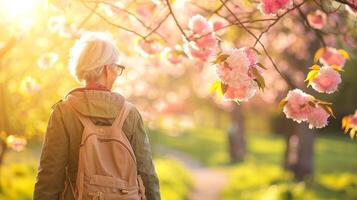 ai generiert ein Frau genießen ein gemächlich gehen im ein Park bewundern das Frühling blüht und Einweichen oben das Sonnenschein foto