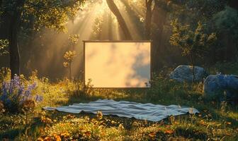 ai generiert Rahmen platziert auf ein Picknick Decke im ein sonnendurchflutet Park, vorstellen ein leer Weiß Attrappe, Lehrmodell, Simulation foto