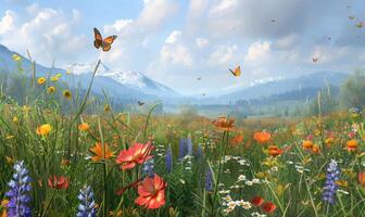 ai generiert ein Feld von Blumen und Schmetterlinge fliegend Über ein Berg foto