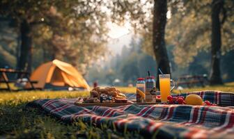 ai generiert Grün Rasen, Dort ist ein Licht Gelb Picknick Stoff mit ein Weiß Zelt Nächster zu Es. Dort sind Snacks und Getränke foto