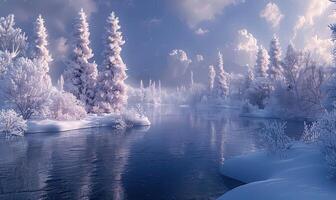 ai generiert ein schneebedeckt Fluss ist umgeben durch Bäume foto