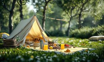 ai generiert Grün Rasen, Dort ist ein Licht Gelb Picknick Stoff mit ein Weiß Zelt Nächster zu Es. Dort sind Snacks und Getränke foto