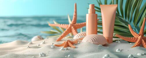 ai generiert Kosmetika auf das Strand. Haut Pflege, Ferien und Reise Konzept. foto