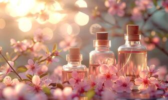 ai generiert kosmetisch Flaschen mit Rosa Blumen auf hölzern Tabelle draußen. Schönheit Behandlung foto