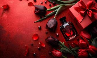 ai generiert Flasche von Parfüm und Tulpen auf Rosa Hintergrund, Frühling eben legen foto