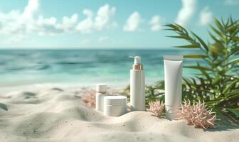 ai generiert Kosmetika auf das Strand. Haut Pflege, Ferien und Reise Konzept. foto
