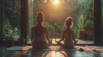 ai generiert ein Mutter und Tochter üben Meditation zusammen beim Zuhause foto