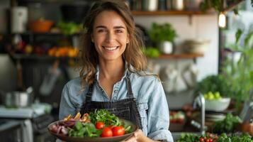 ai generiert ein lächelnd Ernährungsberater halten ein Teller von gesund Essen foto