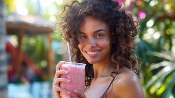 ai generiert ein Frau genießen ein gesund Smoothie nach ein trainieren foto