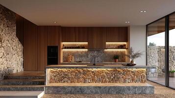 ai generiert Bulk Kopf Innerhalb ein modern Küche mit Stein Bank Innere Design foto