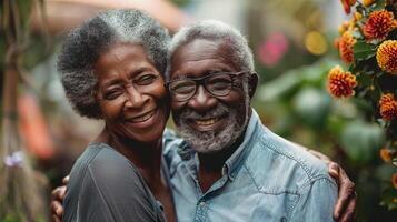 ai generiert ein afrikanisch amerikanisch Senior Paar bleiben aktiv durch Gartenarbeit zusammen foto