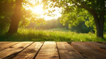 ai generiert abstrakt leeren hölzern Schreibtisch Tischplatte mit Kopieren Raum Über Frühling und Sommer- verschwommen Hintergrund, Anzeige zum Produkt Montage foto