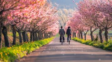 ai generiert ein Paar Reiten Fahrräder zusammen entlang ein szenisch Landschaft Straße gefüttert mit blühen Bäume foto