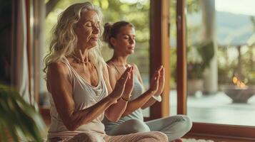 ai generiert ein Mutter und Tochter üben Meditation zusammen beim Zuhause foto