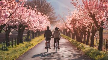 ai generiert ein Paar Reiten Fahrräder zusammen entlang ein szenisch Landschaft Straße gefüttert mit blühen Bäume foto