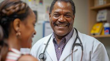 ai generiert ein lächelnd Arzt diskutieren vorbeugend Gesundheitswesen mit ein geduldig foto