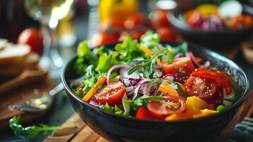 ai generiert ein Gruppe von Mitarbeiter haben ein gesund Mittagessen zusammen im das Büro foto