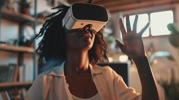 ai generiert afrikanisch amerikanisch jung Frau tragen mit virtuell Wirklichkeit Metaverse vr Brille Headset beim Zuhause Mädchen berühren Luft während vr Erfahrung foto