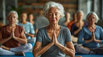 ai generiert ein Gruppe von Senioren tun Yoga im ein Gemeinschaft Center foto