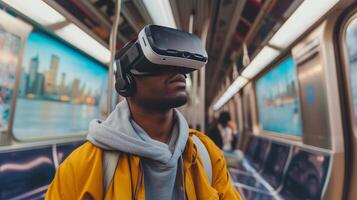 ai generiert jung Mann mit vr virtuell Wirklichkeit Brille während nehmen Metro U-Bahn im das Stadt, Lebensstil und Technologie Konzept foto