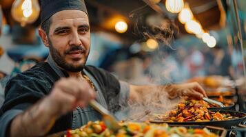 ai generiert Koch Kochen oben International Küche auf ein geschäftig Straße Essen Stall foto