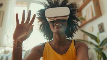 ai generiert afrikanisch amerikanisch jung Frau tragen mit virtuell Wirklichkeit Metaverse vr Brille Headset beim Zuhause Mädchen berühren Luft während vr Erfahrung foto
