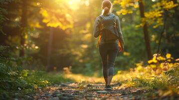 ai generiert ein Frau üben Achtsamkeit während Gehen durch ein Wald foto