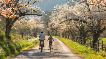 ai generiert ein Paar Reiten Fahrräder zusammen entlang ein szenisch Landschaft Straße gefüttert mit blühen Bäume foto