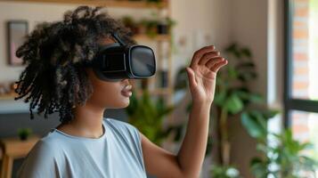 ai generiert afrikanisch amerikanisch jung Frau tragen mit virtuell Wirklichkeit Metaverse vr Brille Headset beim Zuhause Mädchen berühren Luft während vr Erfahrung foto