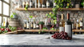 ai generiert ein leer Marmor Tischplatte mit verschwommen Wein Brille und Flaschen im das Hintergrund geeignet zum präsentieren Wein oder Getränk Produkte foto