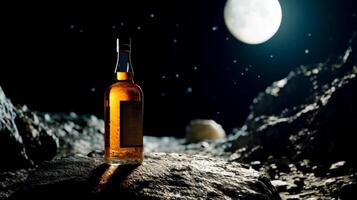 ai generiert Flasche von Whiskey bereit auf Mond ist Oberfläche mit Sterne. foto