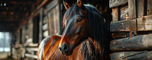 ai generiert ein Pferd späht aus von ein rustikal hölzern stabil, mit ein Sanft Fokus auf es ist Mähne und Augenkonzept Über Bauernhof Leben und Tier Schutz foto