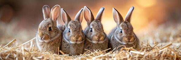 ai generiert bezaubernd Kaninchen sind Sitzung im das Heu auf ein Sanft Hintergrund. foto