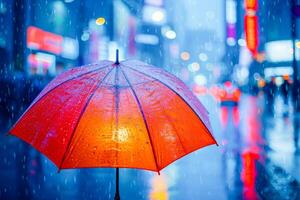 ai generiert ein Rot, regendurchnässt Regenschirm mit das hell Beleuchtung von das Stadt reflektiert auf es ist nass Oberfläche.toll zum Stimmung Stücke oder Stadt Leben Eigenschaften foto