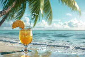 ai generiert ein gekühlt Orange Cocktail mit ein Orange Scheibe auf das Rand, Stehen auf das Sand auf ein tropisch Strand mit Palme Blätter und Ozean Hintergrund. foto