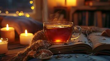 ai generiert warm Tee Zeit Ambiente mit Buch und Kerzen foto