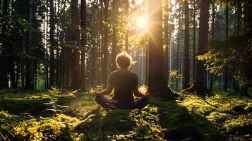 ai generiert heiter Wald Meditation beim Sonnenaufgang foto