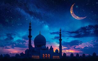 ai generiert das dunkel gestalten von ein Moschee unter ein Himmel bedeckt mit Sterne und ein Halbmond Mond foto