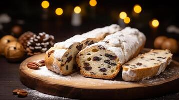 ai generiert Weihnachten Stollen Brot mit festlich Dekorationen foto