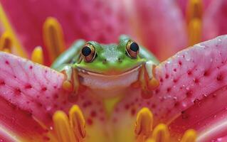 ai generiert Makro Bild von ein Frosch im Grün versteckt innerhalb Flamme farbig Blume Blütenblätter foto