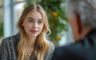 ai generiert jung Frau im Job Interview foto