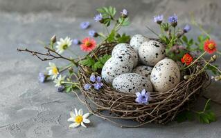 ai generiert heimelig Nest mit Eier mit Blumen- Verzierungen foto