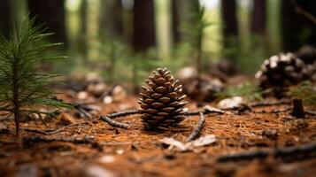 ai generiert Kiefer Kegel inmitten Wald Fußboden im Sonnenlicht foto